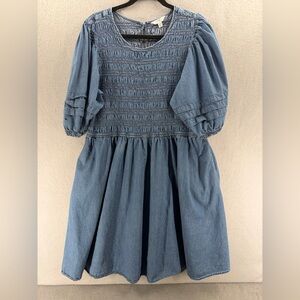 Terra & Sky Plus Dress Size 2X 20W-22W Chambray Denim Smocked Puff Sleeve READ
